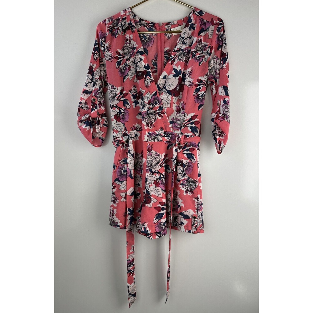 Yumi Kim Liz Floral 3/4 Sleeve Romper Blossom Pink Tie Waist Jumper XS Small - Picture 14 of 15